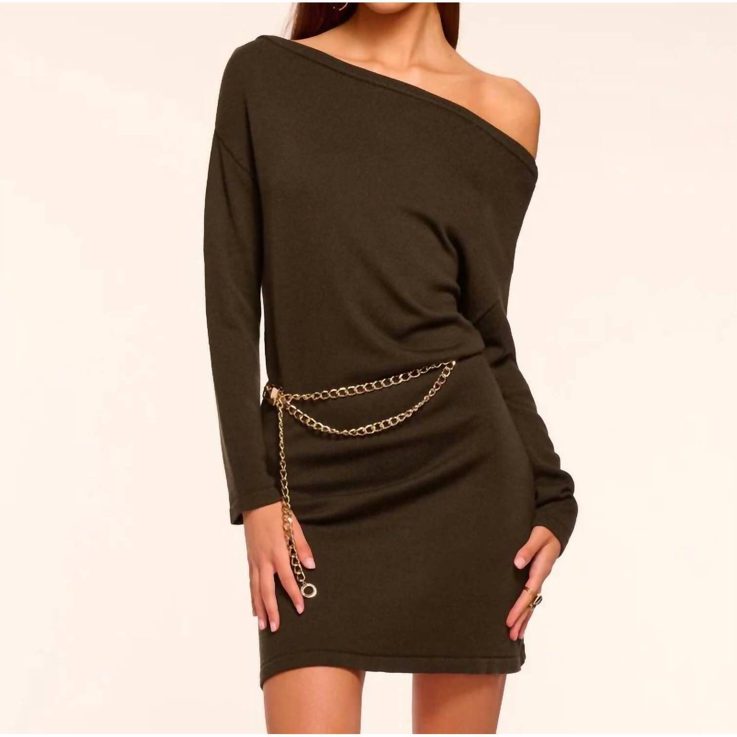 New Ramy Brook Chance Merino Off-The-Shoulder Mini Dress In Deep Olive